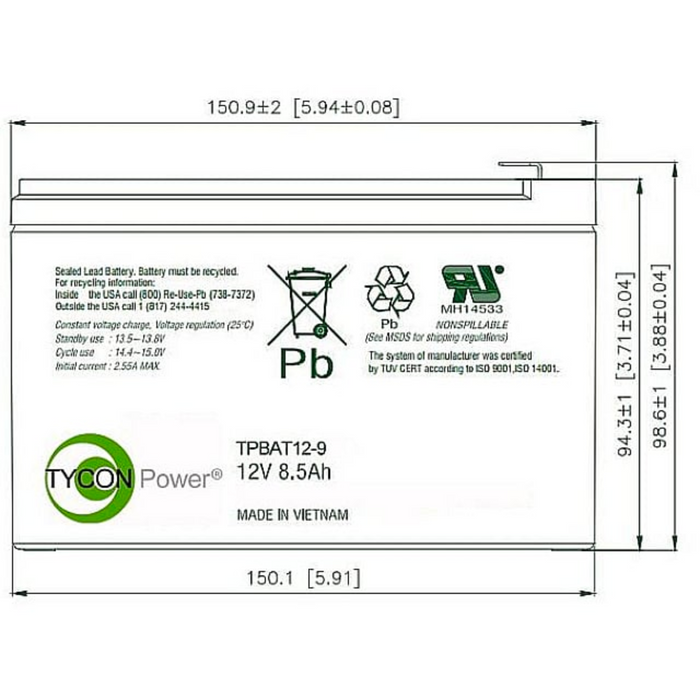 Tycon Systems 12V 9AH Non-Spillable Sealed Lead Acid AGM Battery [TPBAT12-9]